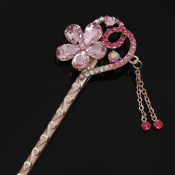 Czech Rhinestone Flower Gold Finish Hair Stick w/ Tassels